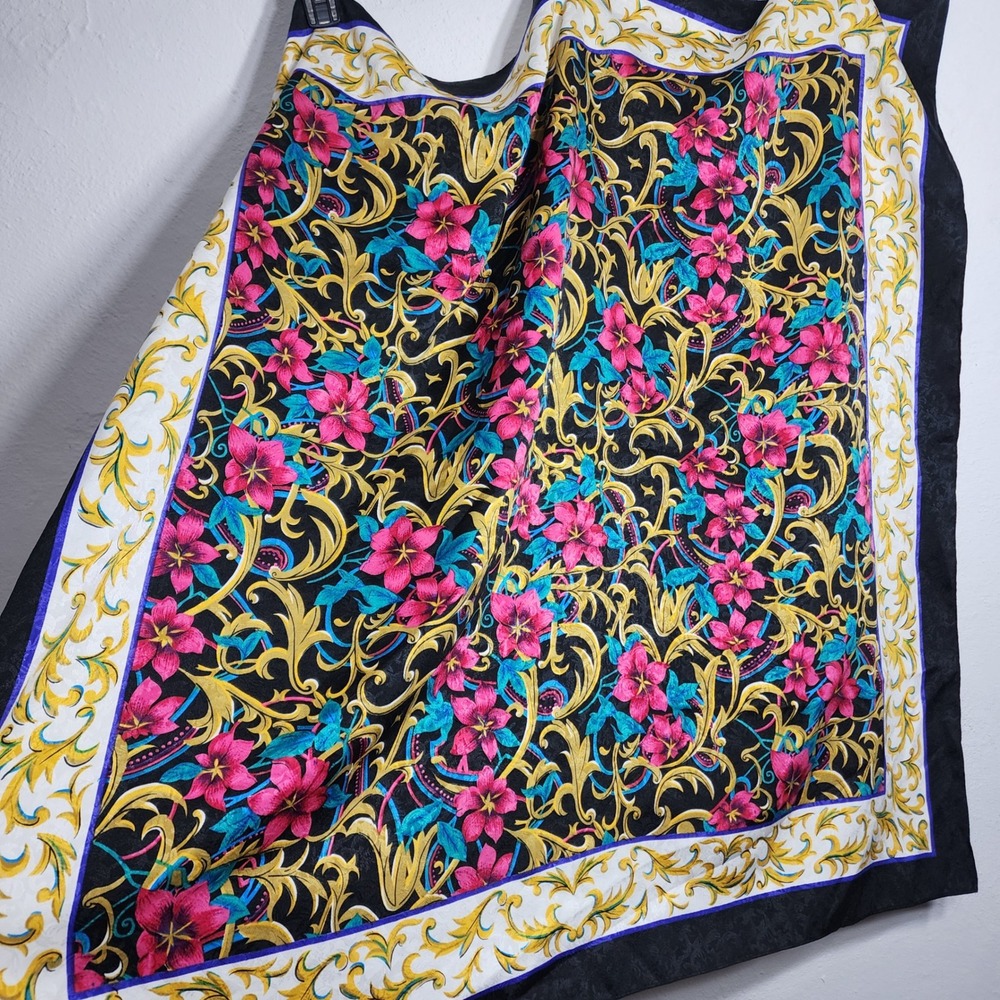Vintage Square Scarf Large Black Pink Gold Floral Baroque Scroll Jacquard Print